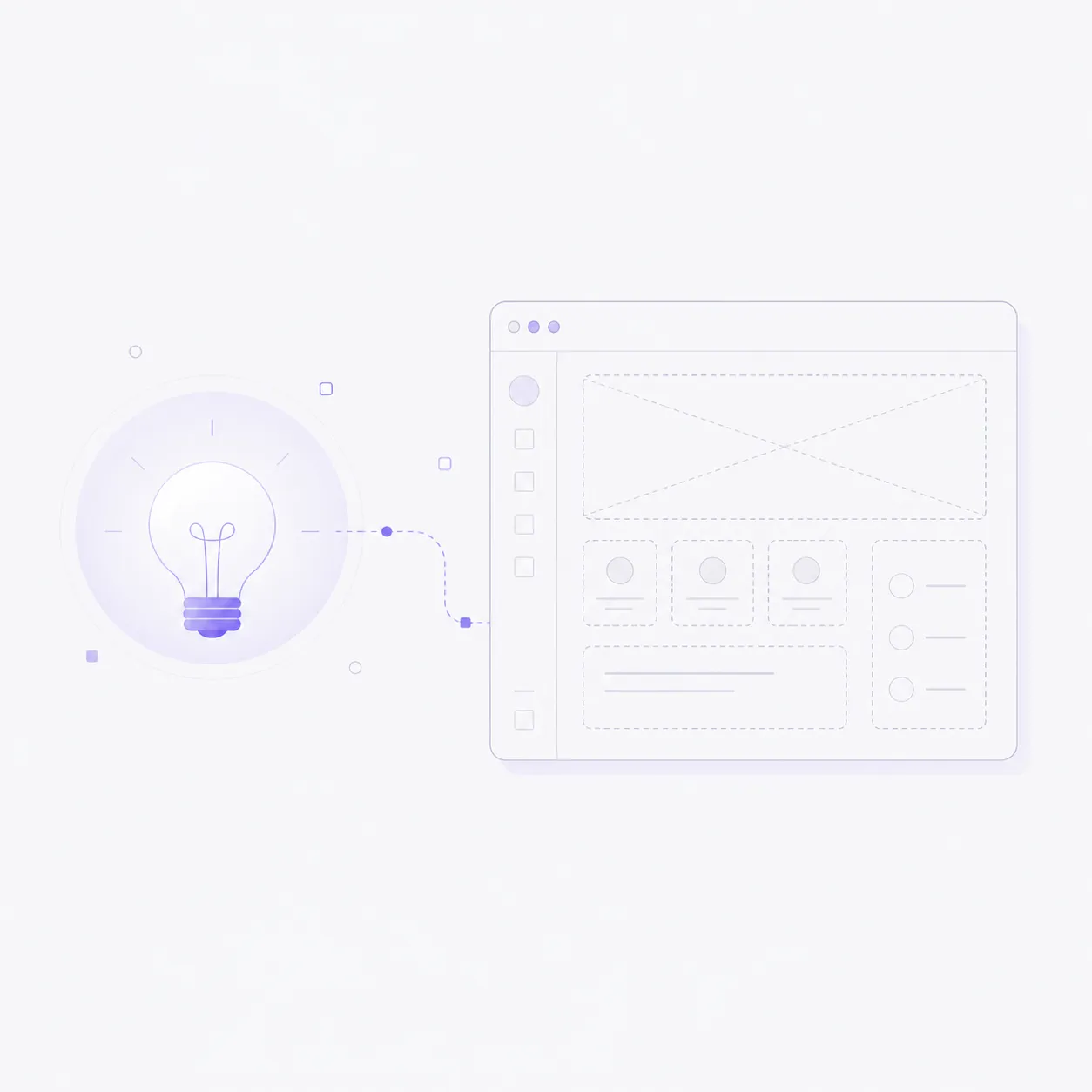 Une ampoule d’idée reliée en pointillé à un cadre d’application encore vide.