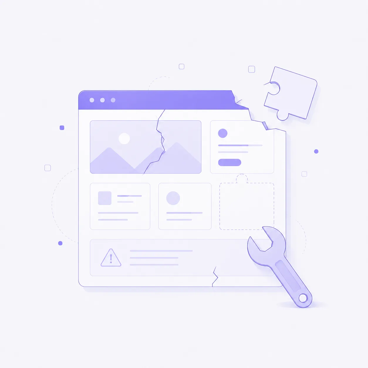 Une fenêtre de site fissurée et une clé, évoquant un existant à reprendre en main.